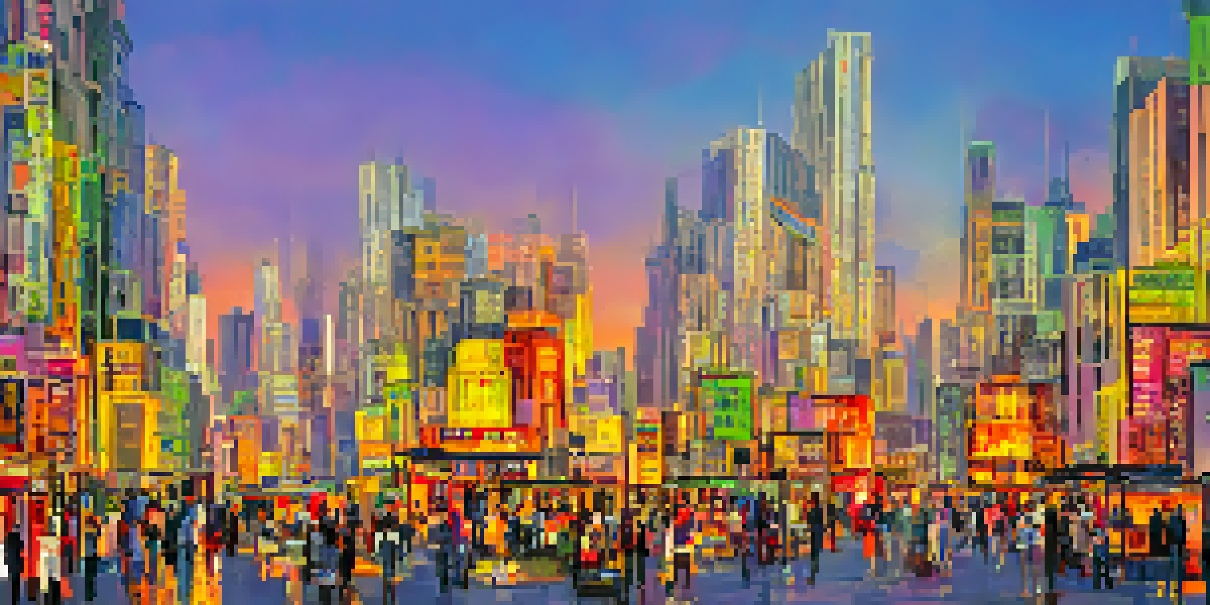 A colorful urban skyline at sunset with people walking along a busy street.