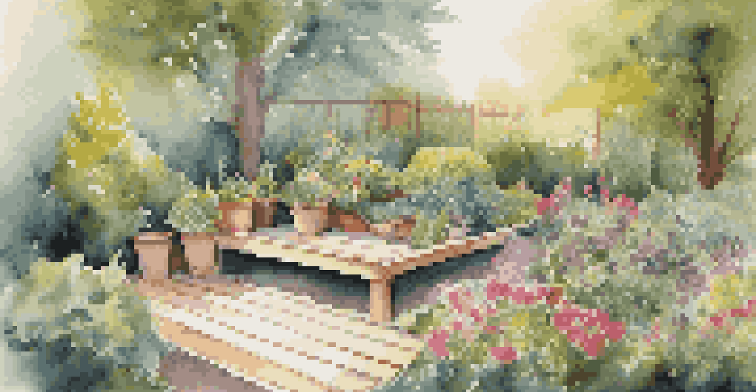 An outdoor garden space under renovation, with vibrant flowers, greenery, a wooden deck being constructed, and gardening tools nearby.