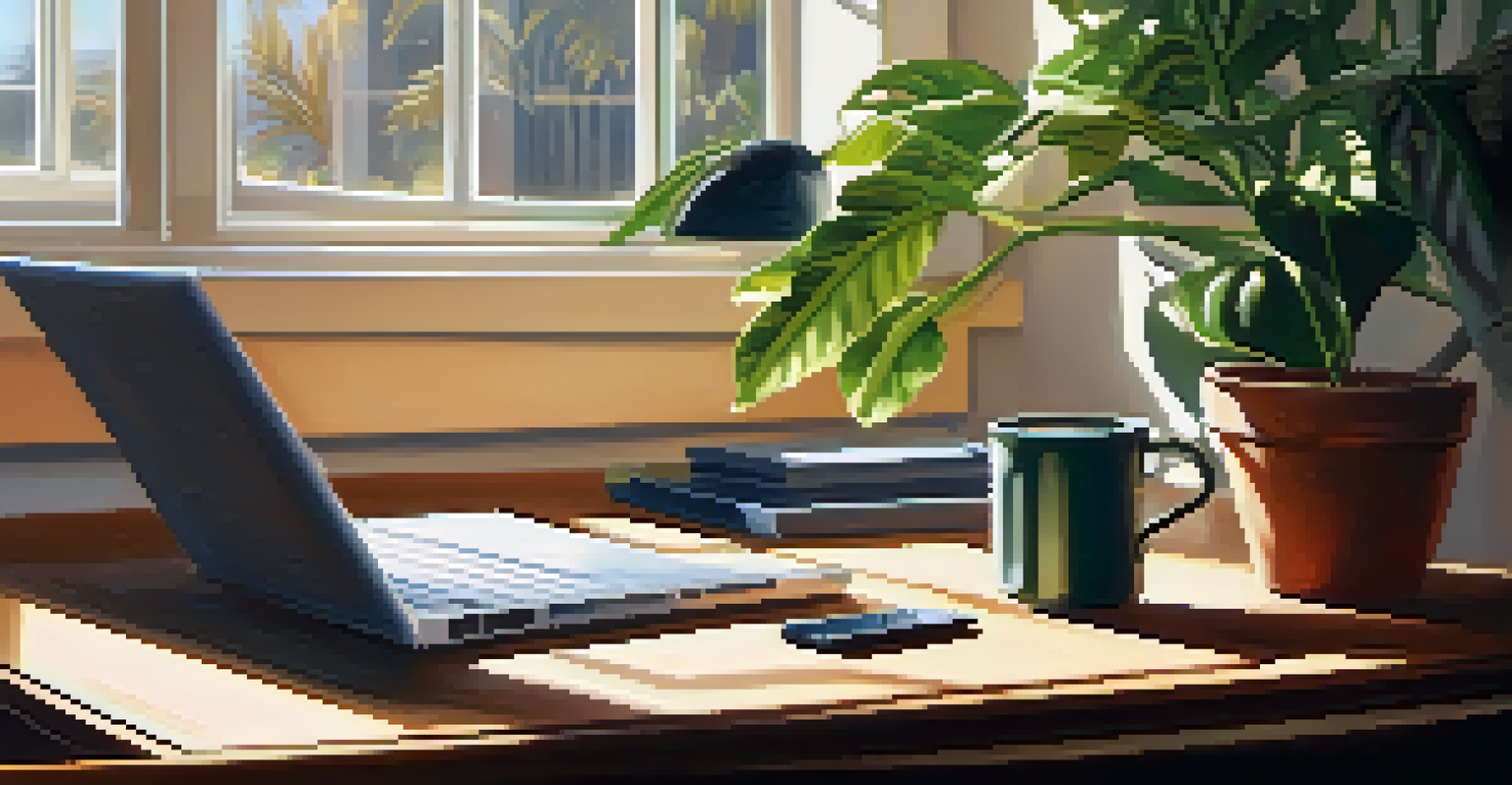 A cozy home office setup with a wooden desk, laptop, potted plant, and coffee cup, illuminated by sunlight.