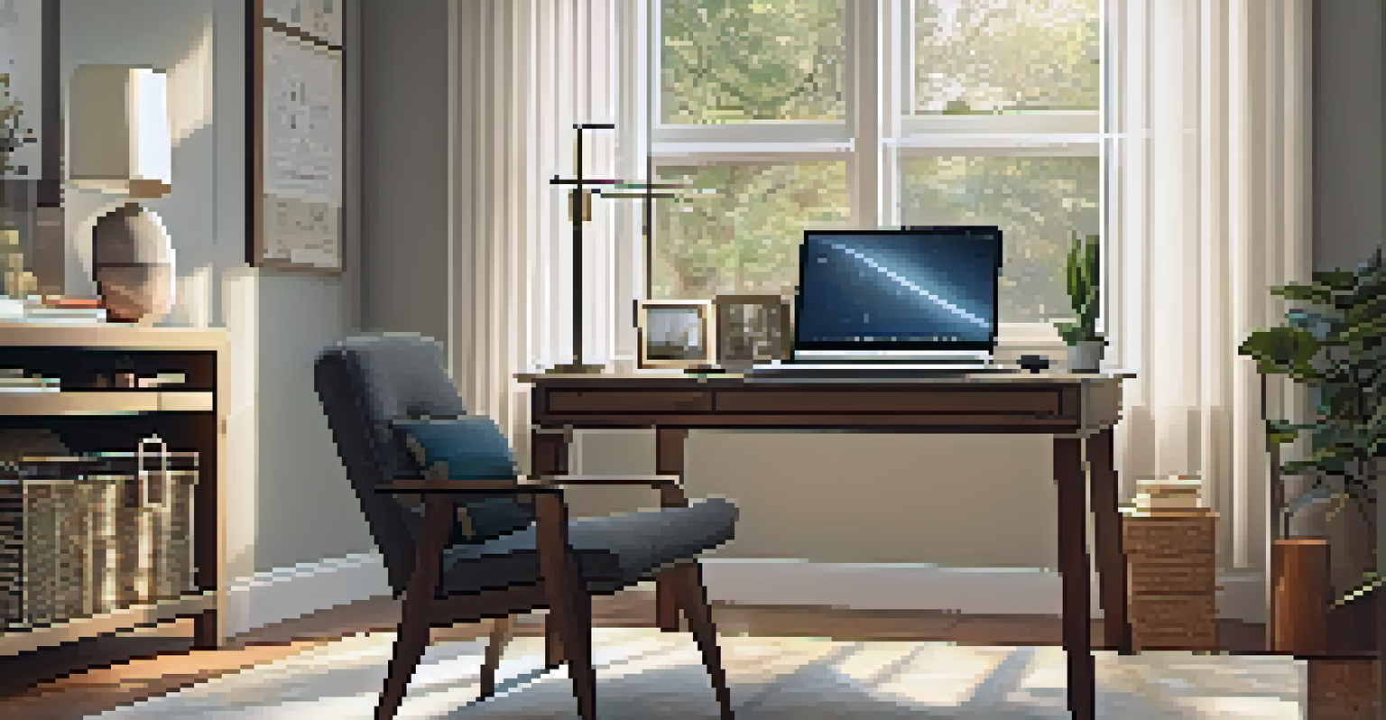 A cozy corner in a living room used as a home office with a desk and personal items.