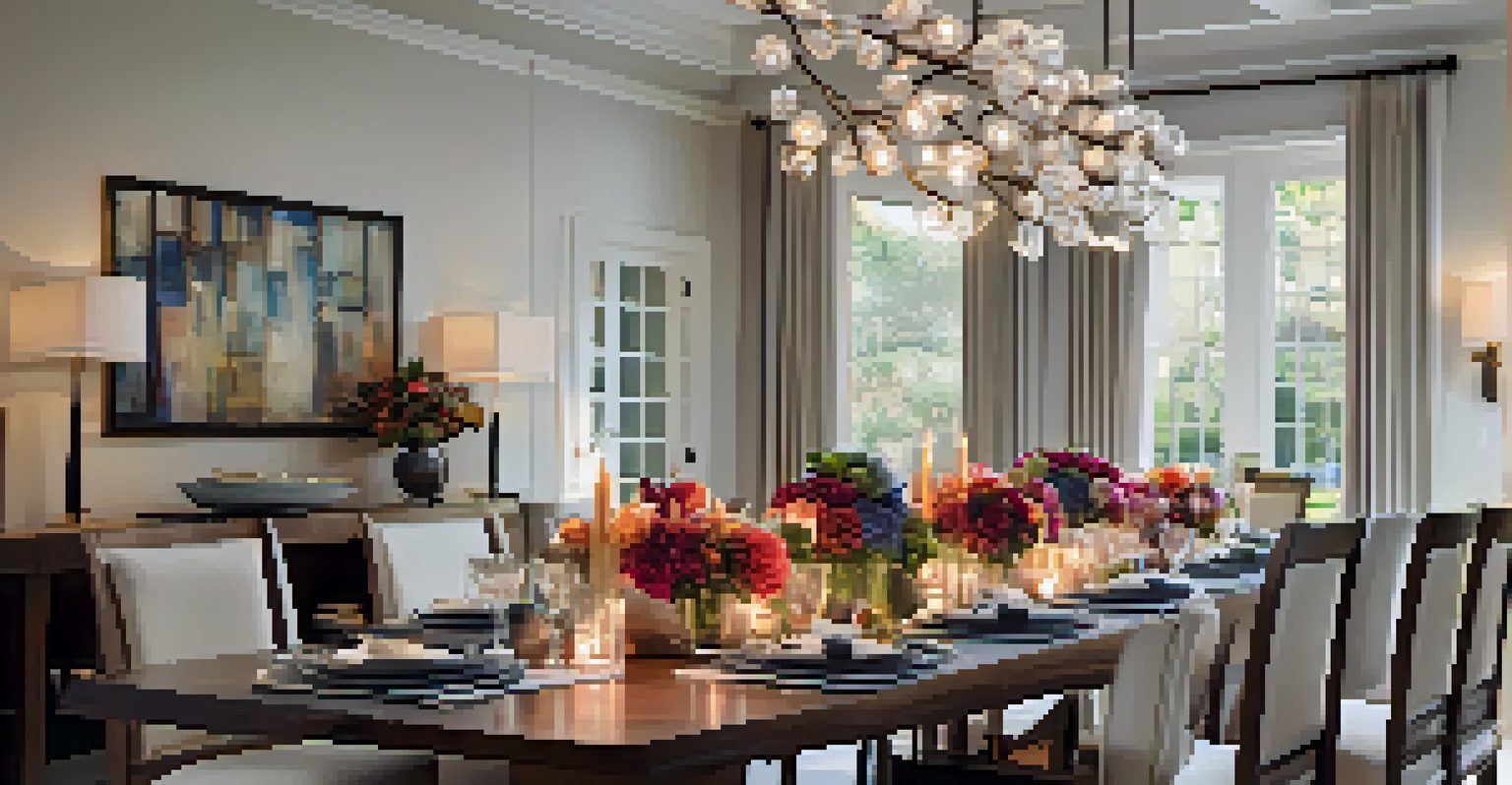 An elegantly set dining table in an open concept home, adorned with candles and flowers, creating a warm atmosphere for a dinner party.