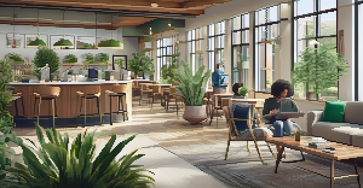 A lively community co-working space with people interacting and working, filled with plants and natural light.