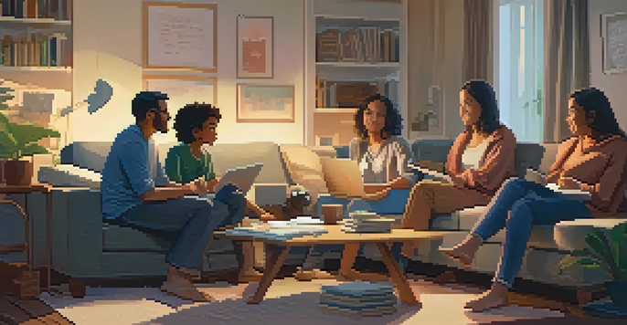 A family sitting together in a living room, discussing their safety communication plan with notes and a laptop on a coffee table.