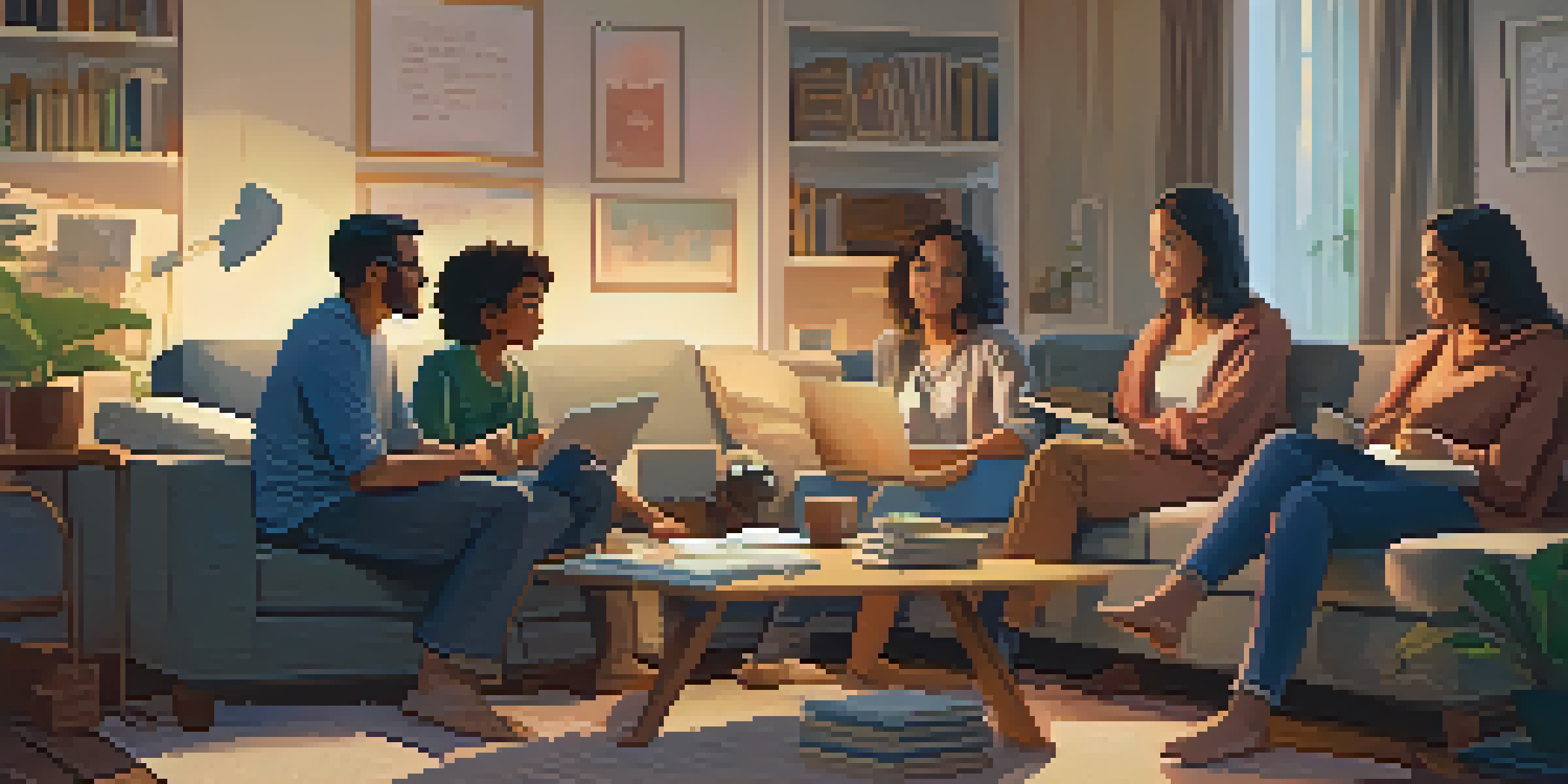 A family sitting together in a living room, discussing their safety communication plan with notes and a laptop on a coffee table.