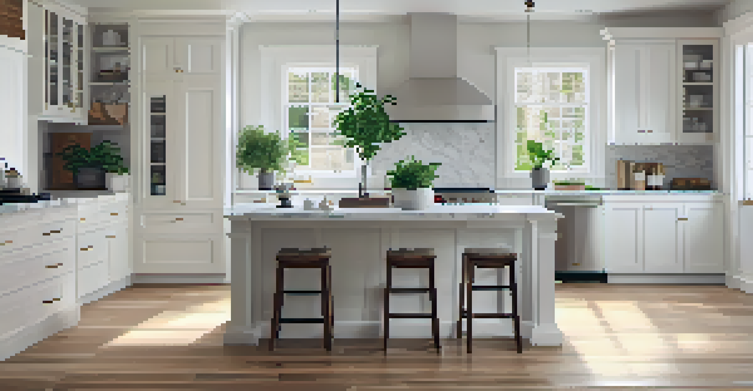 A renovated kitchen with hardwood floors, white cabinetry, a marble island, and natural light.