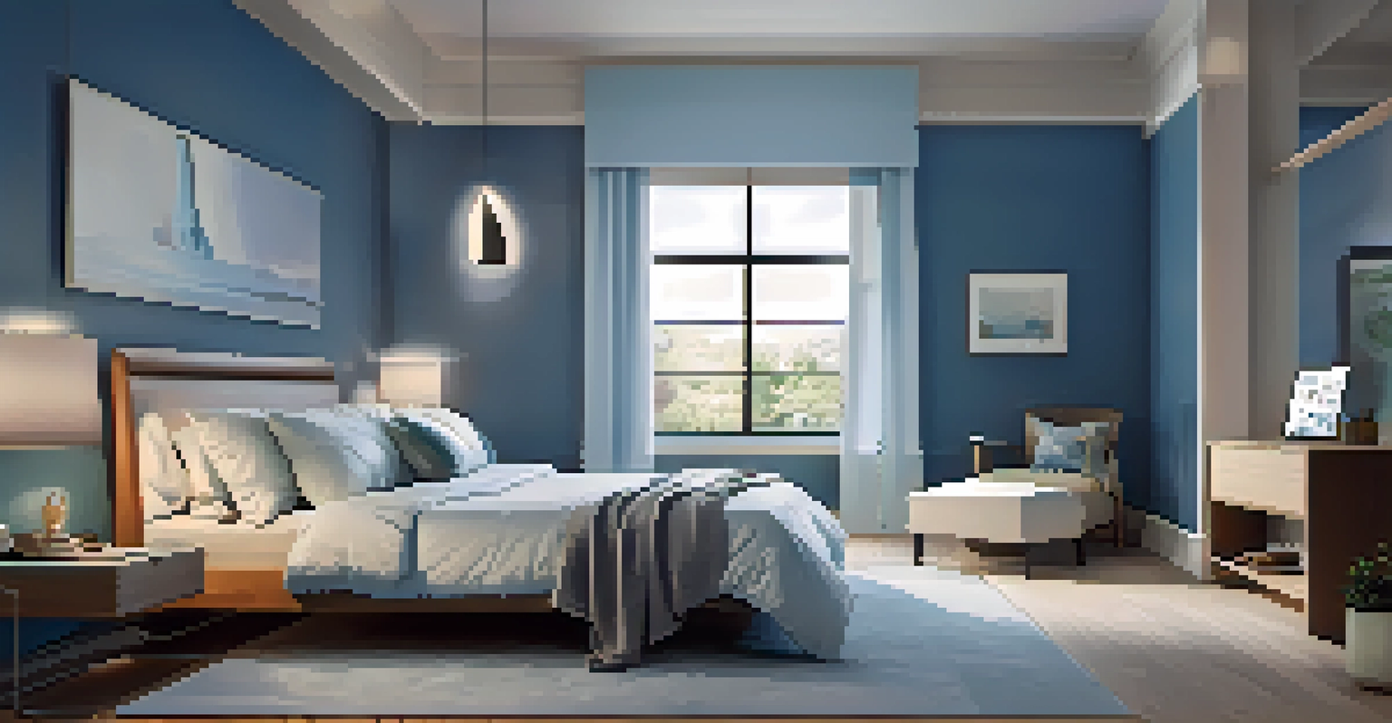 A serene bedroom with smart technology, including an adaptive bedside lamp and a thermostat, designed in soft blue and white tones.
