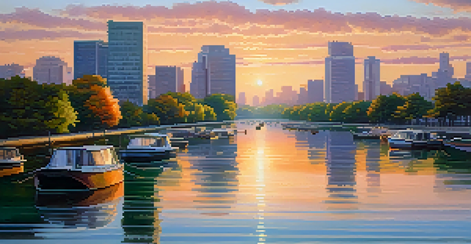 A peaceful city skyline at sunrise with modern buildings and a river in the foreground.