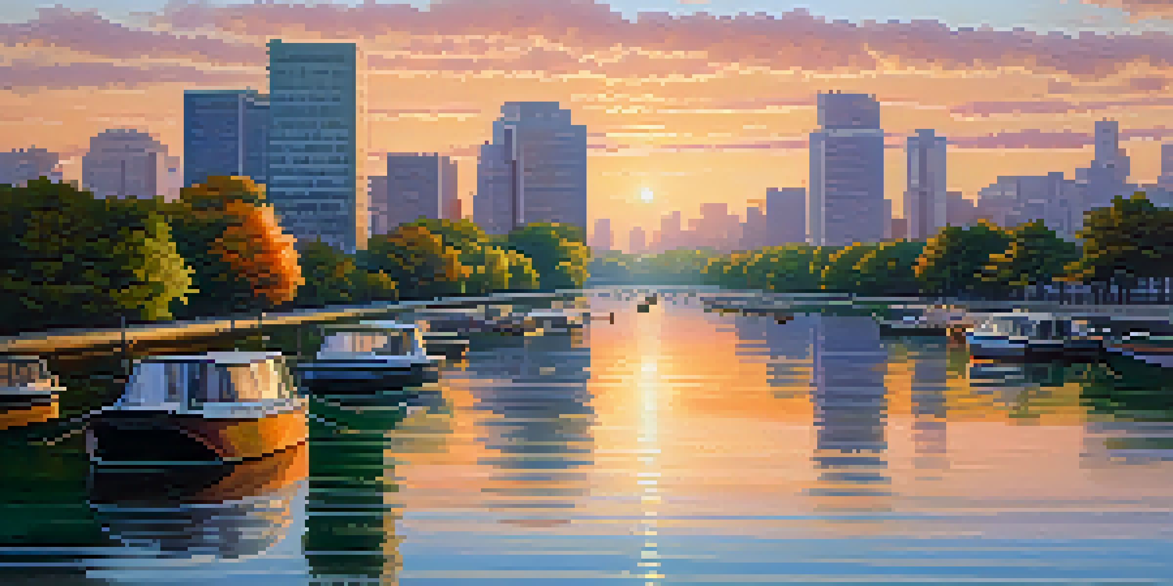 A peaceful city skyline at sunrise with modern buildings and a river in the foreground.