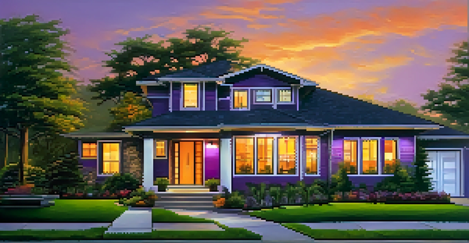 A modern home with a lush front yard at sunset, featuring warm lighting and a 'For Sale' sign.
