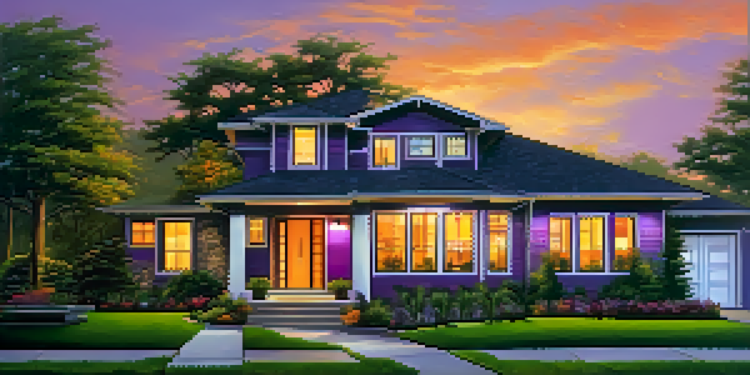 A modern home with a lush front yard at sunset, featuring warm lighting and a 'For Sale' sign.