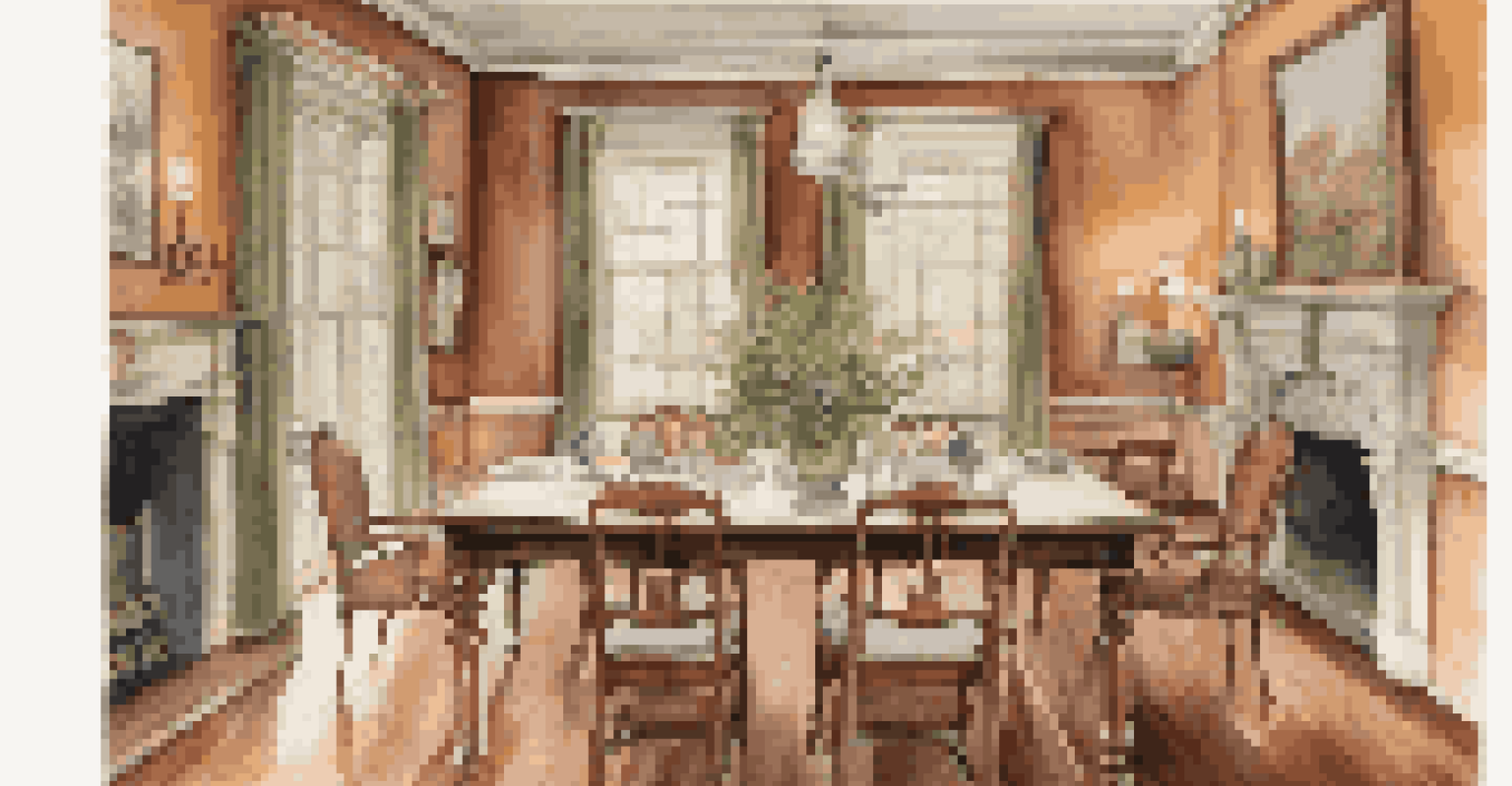 An elegantly restored dining area featuring a wooden table, vintage chairs, and an original fireplace, with warm colors and natural light.