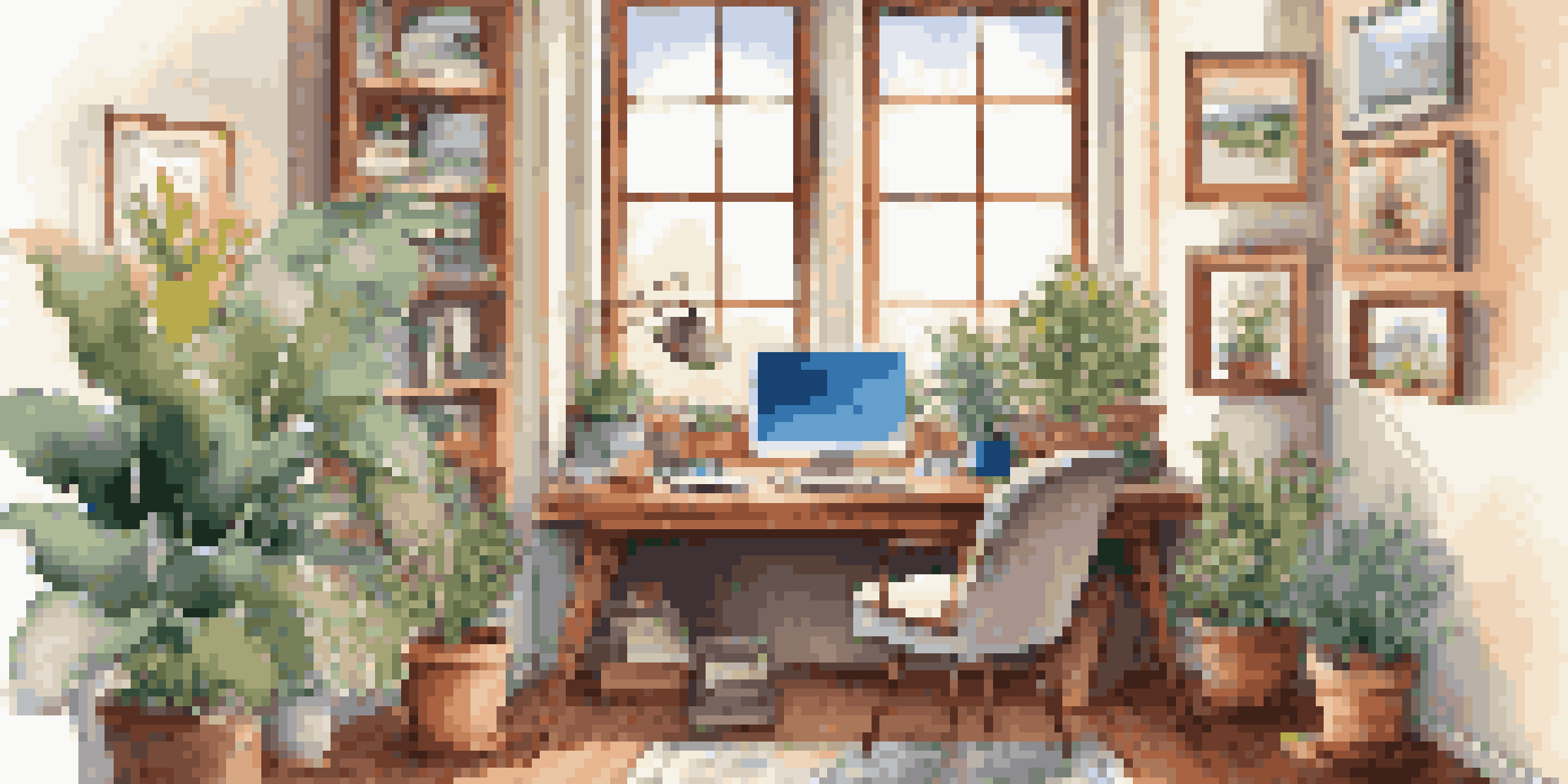 A bright and inviting home office with a desk, plants, and a laptop displaying real estate information.