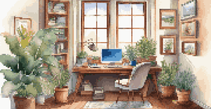 A bright and inviting home office with a desk, plants, and a laptop displaying real estate information.