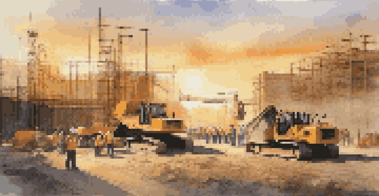 A busy outdoor construction site at sunset with contractors supervising and workers in hard hats, emphasizing teamwork and diligence.