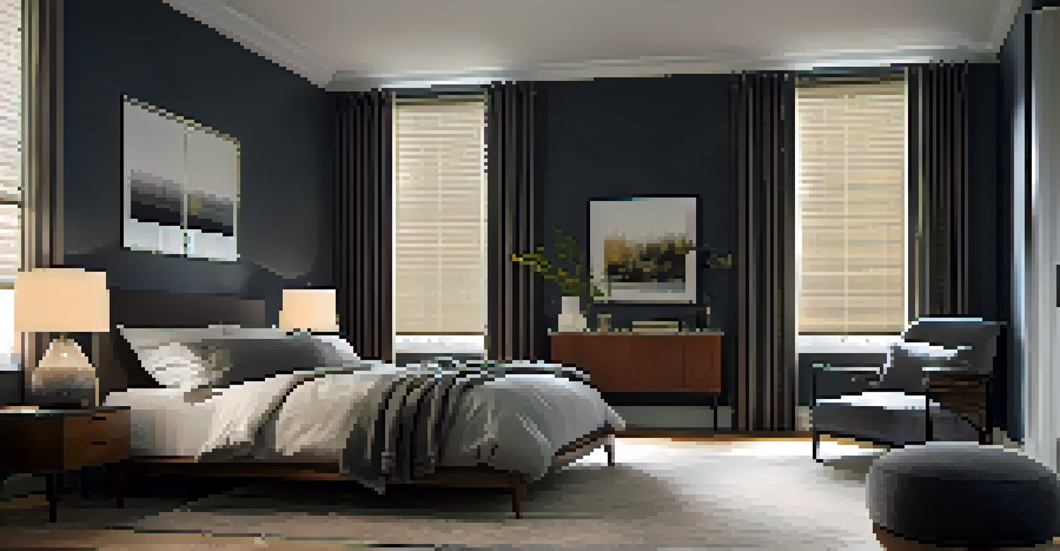 A serene bedroom with closed smart blinds, creating a cozy atmosphere for sleep, featuring soft bedding and calming decor.