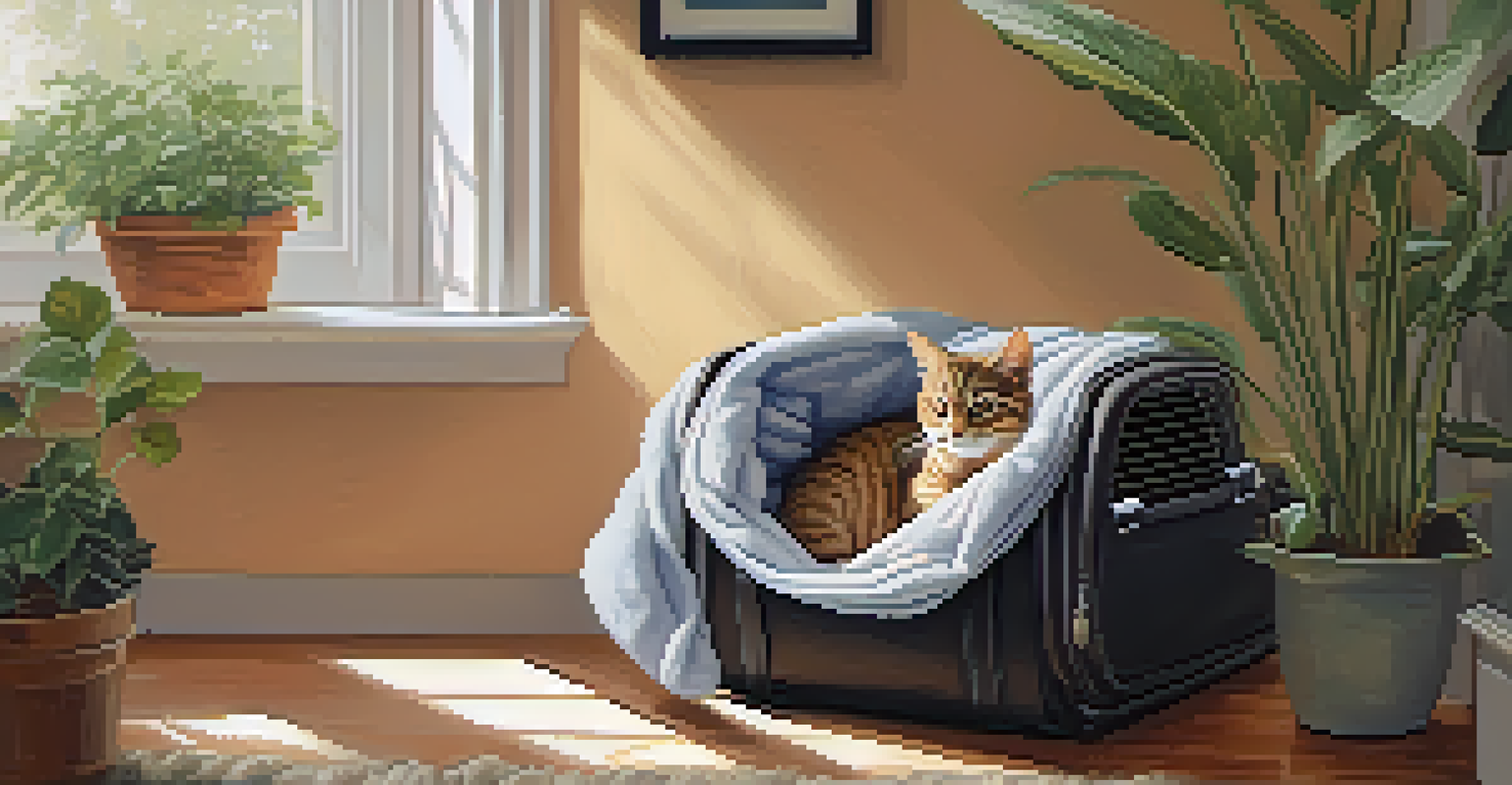 A cat resting in a soft carrier in a peaceful corner of a home, surrounded by plants and soft lighting.