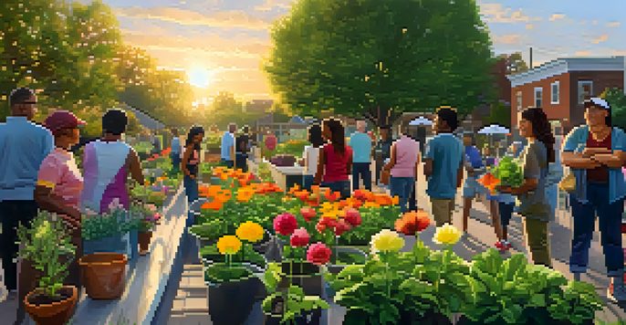 A diverse group of community members working together in a community garden at sunset, showcasing collaboration and engagement.