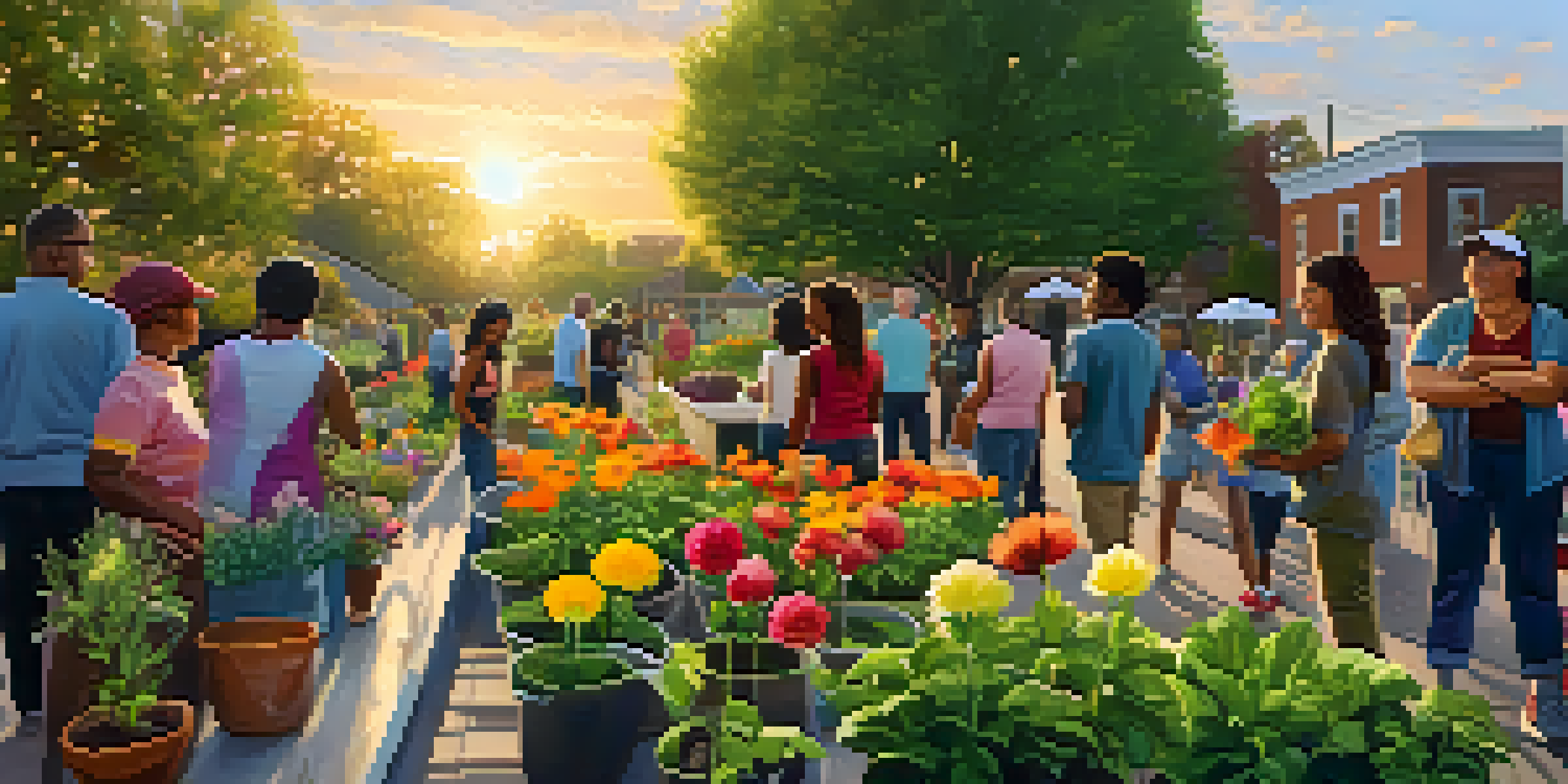 A diverse group of community members working together in a community garden at sunset, showcasing collaboration and engagement.