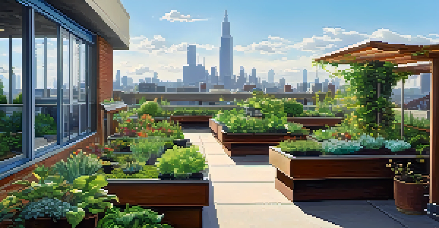 A rooftop garden with plants and seating, overlooking a city skyline under a clear blue sky.