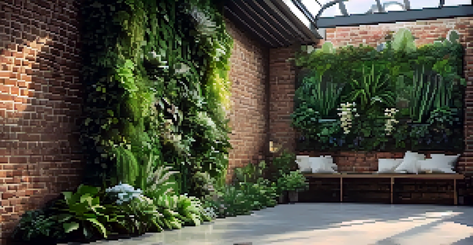 A vertical living wall featuring diverse plants like ferns and succulents against a brick wall, illuminated by soft sunlight.