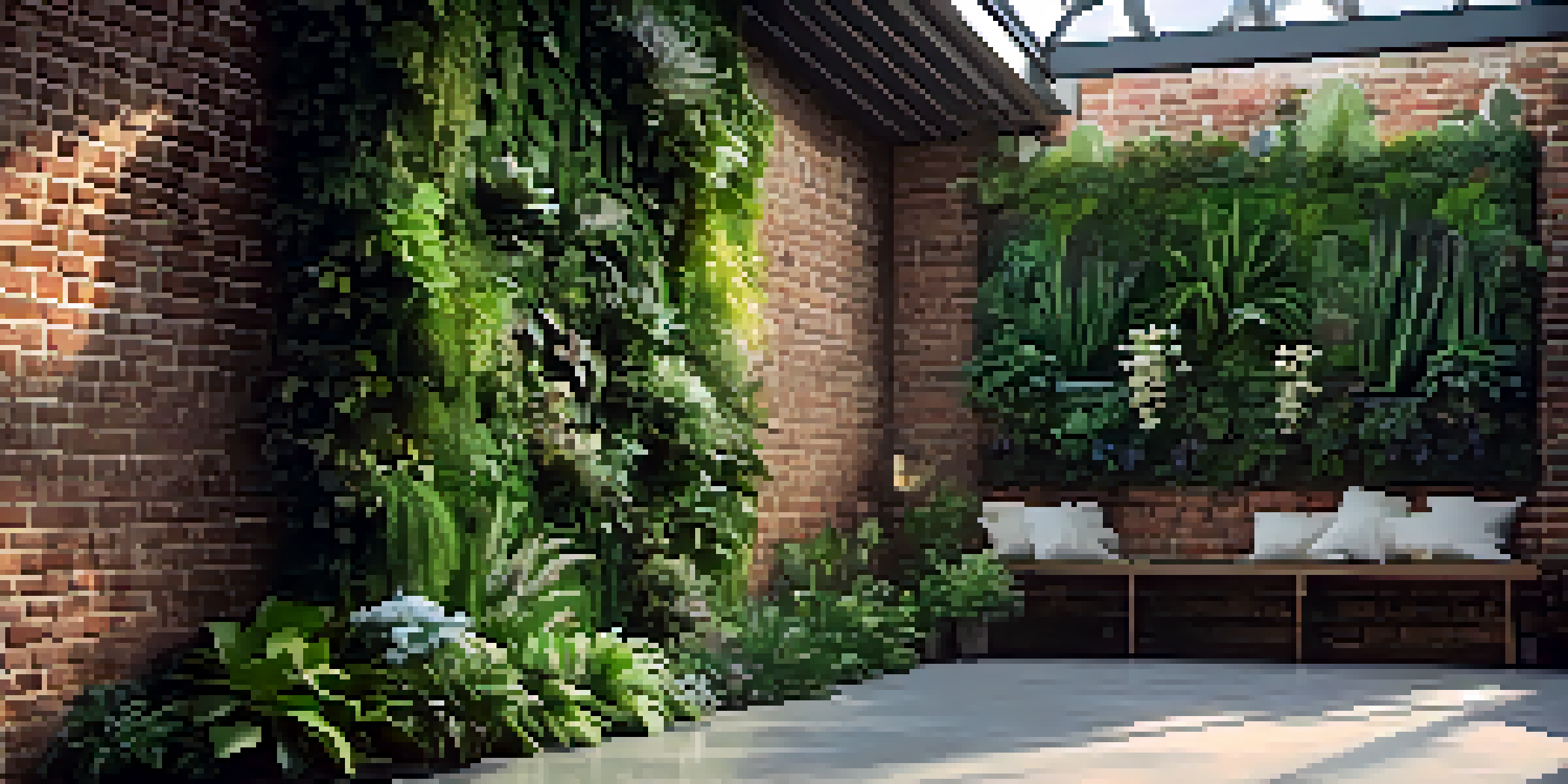 A vertical living wall featuring diverse plants like ferns and succulents against a brick wall, illuminated by soft sunlight.