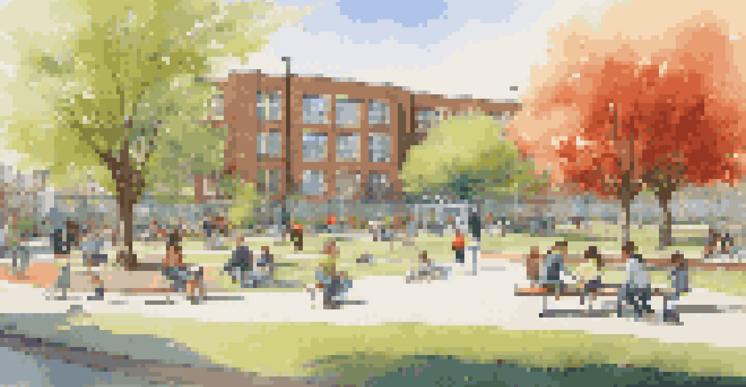 A lively community park with families, children playing, and a modern school in the background.