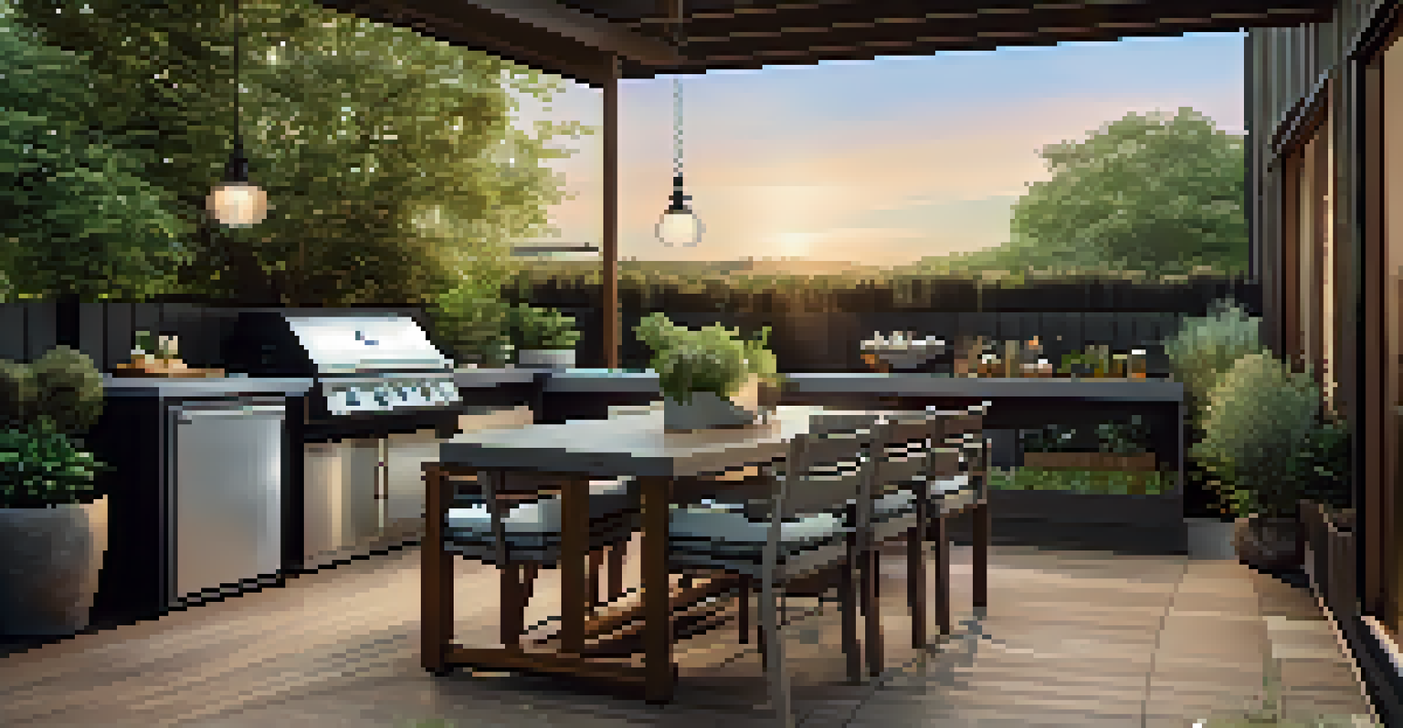 An outdoor living space with a modern kitchen and deck, featuring potted herbs and ambient lighting at dusk.