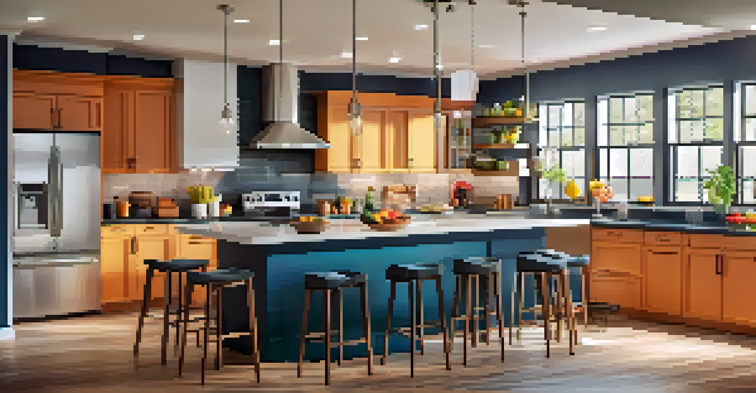 A modern kitchen beautifully renovated with new appliances, an island, and warm lighting.