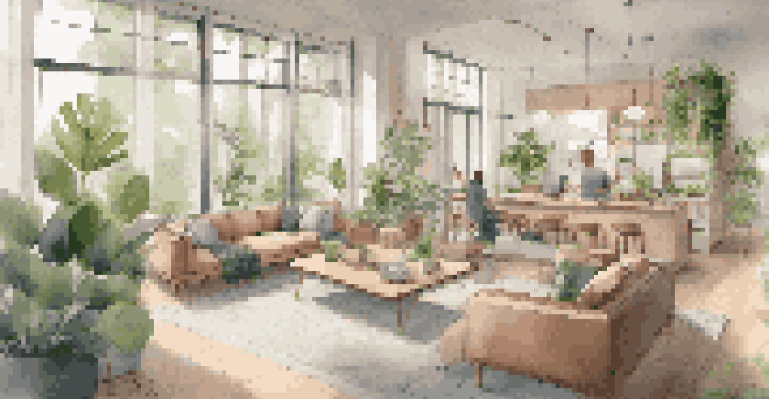 A spacious open-plan co-living area with lounge furniture and a workspace, illuminated by natural light, where residents are working and relaxing.