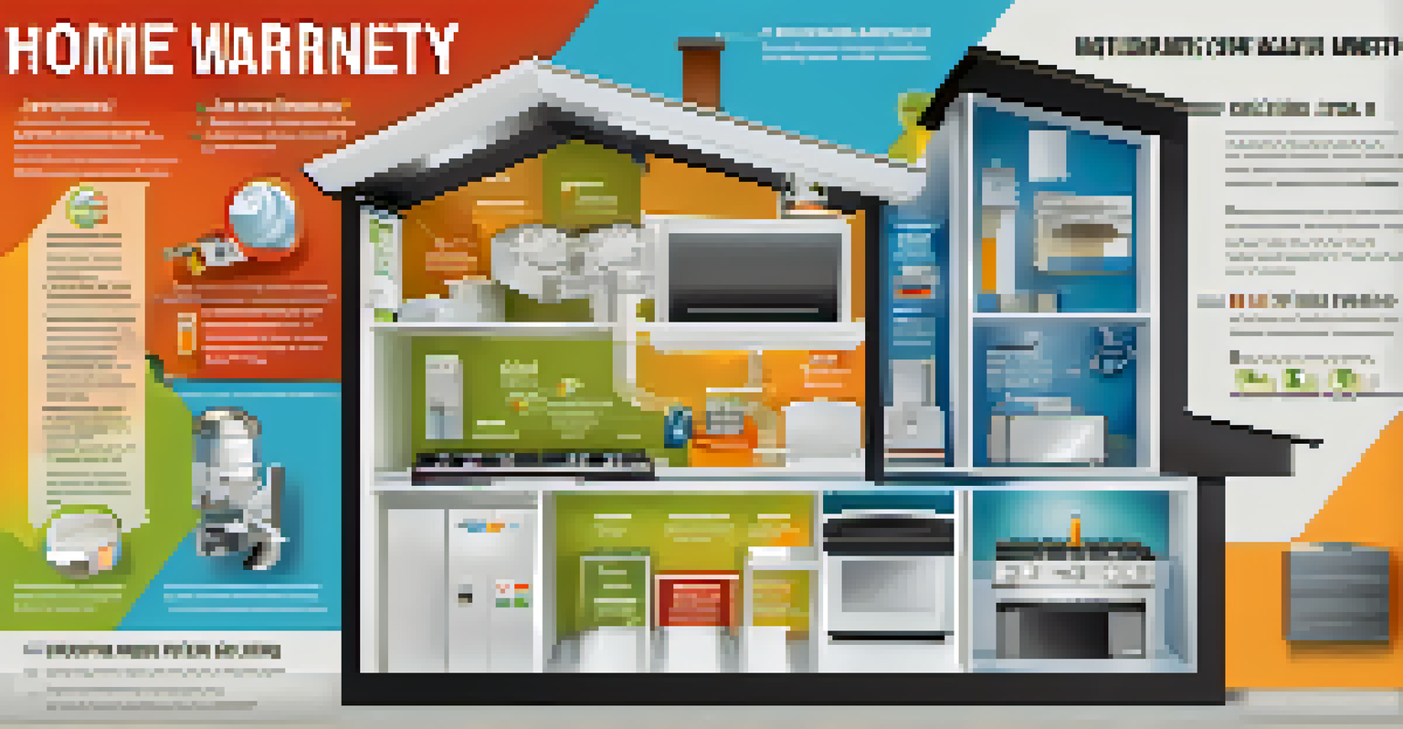 An infographic illustrating the components of a home warranty with colorful icons.