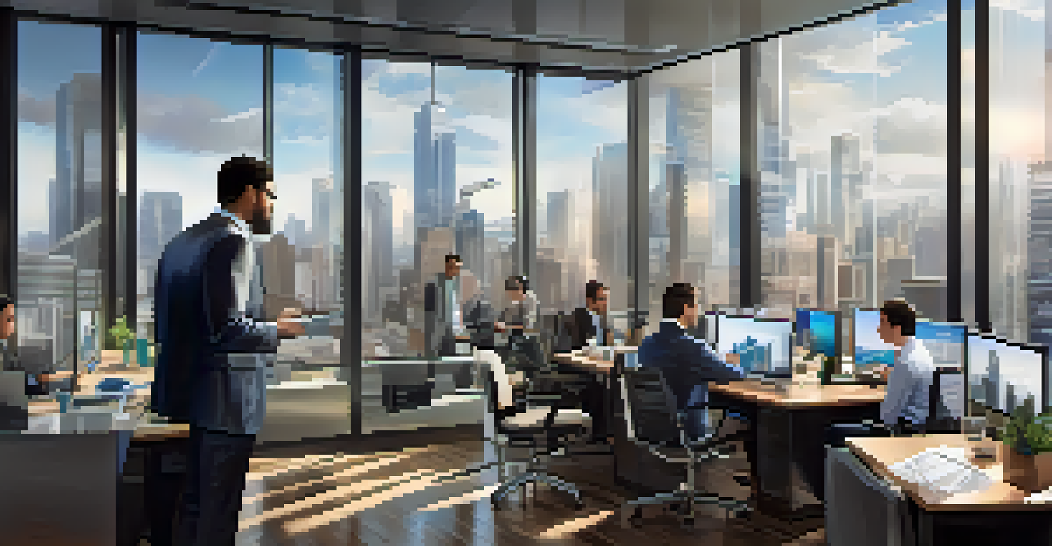 A group of investors analyzing market trends in a modern office with cityscape views.