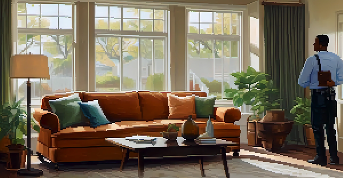 A living room scene where a security professional is inspecting windows while a homeowner watches, with a checklist on the coffee table.