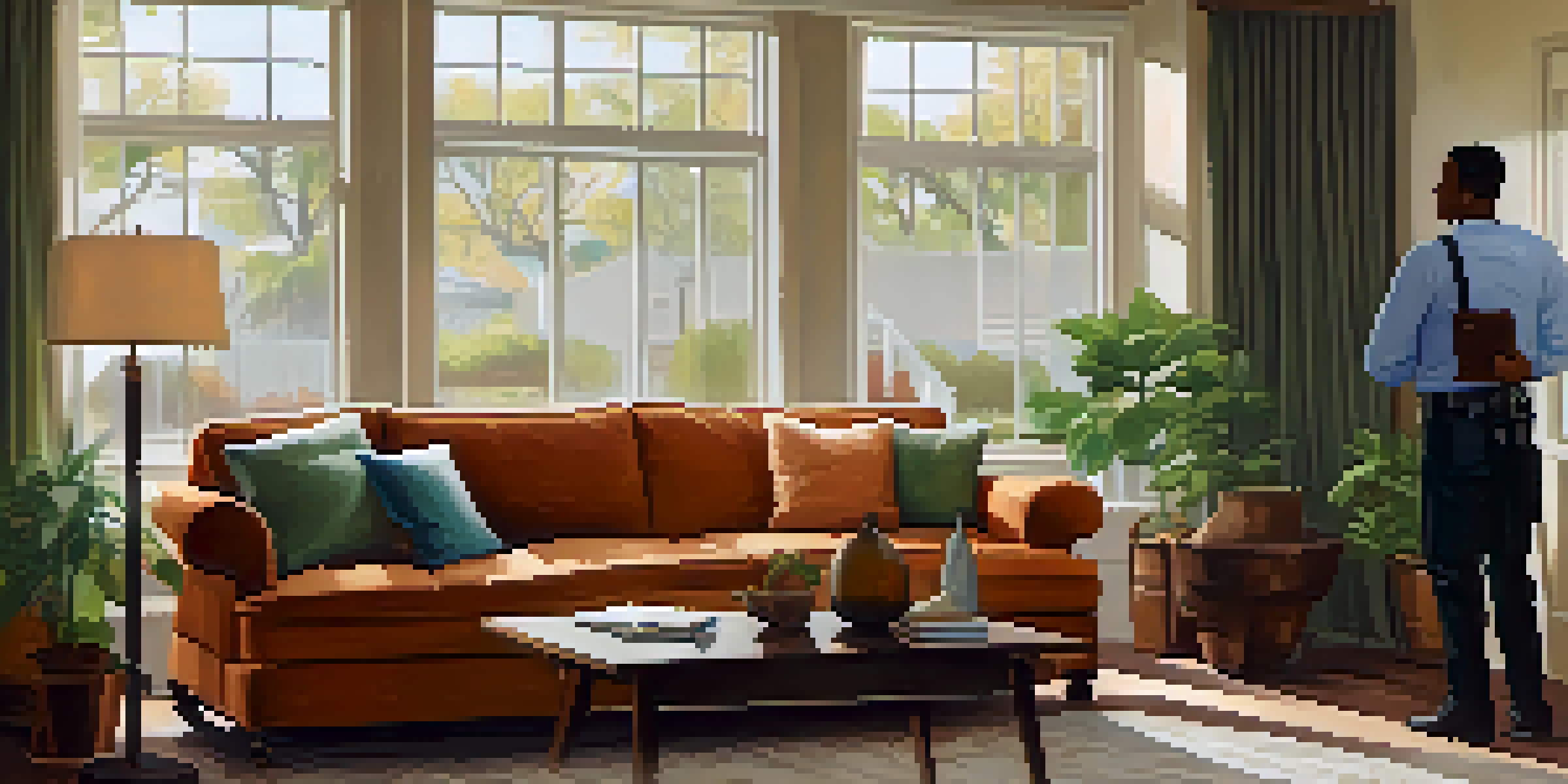 A living room scene where a security professional is inspecting windows while a homeowner watches, with a checklist on the coffee table.