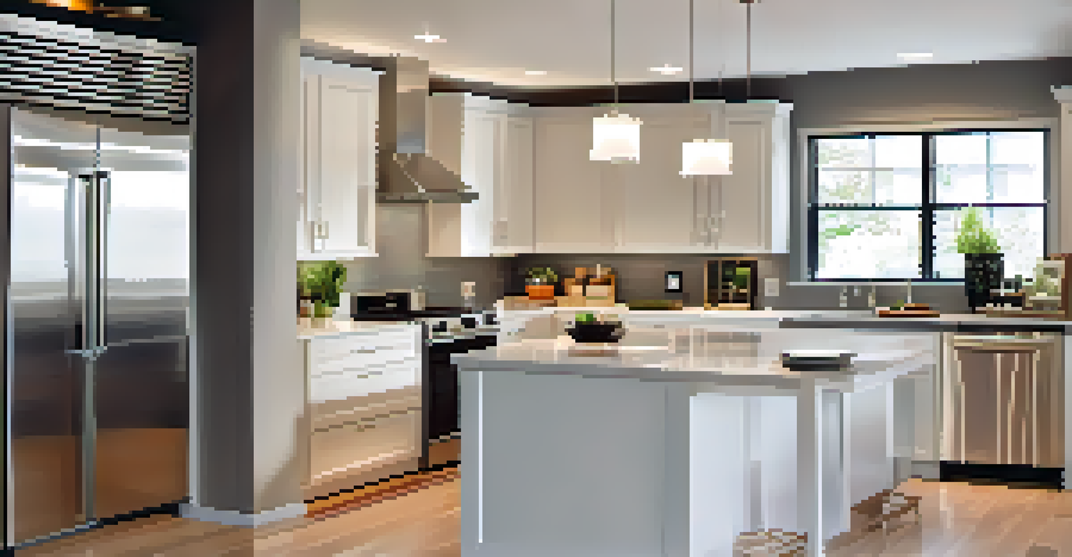 A modern kitchen with bright recessed lights above a sleek countertop, white cabinets, and stainless steel appliances, illuminated by natural light from a large window.