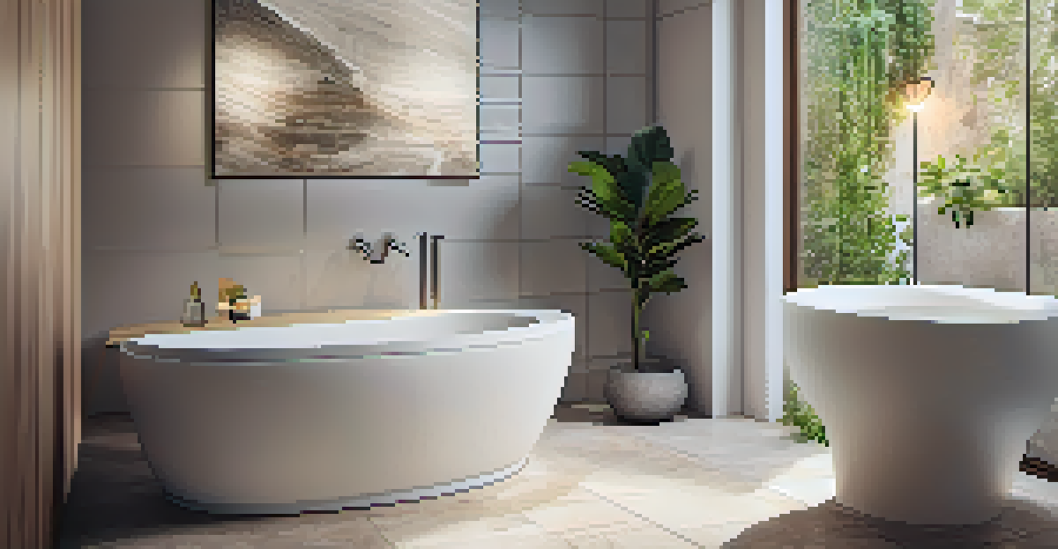 An energy-efficient toilet with a dual-flush system in a stylish bathroom, surrounded by elegant tiles and plants, illuminated by warm lighting.