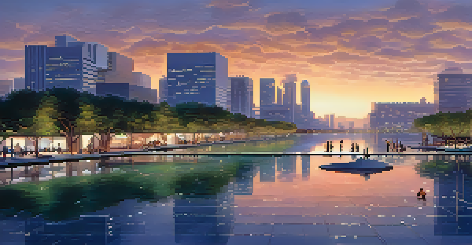 A modern city skyline at dusk with floating buildings on water plazas, illuminated by warm lights, and people enjoying the waterfront surrounded by greenery.