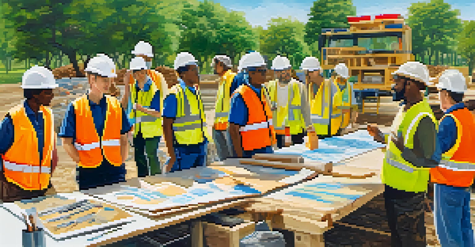 A training session for construction workers about sustainable waste management, featuring a banner and samples of recycled materials.