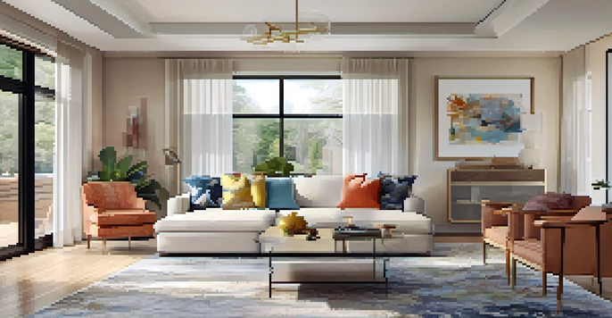 A bright open concept living room with a large abstract painting, modern furniture, and warm lighting.