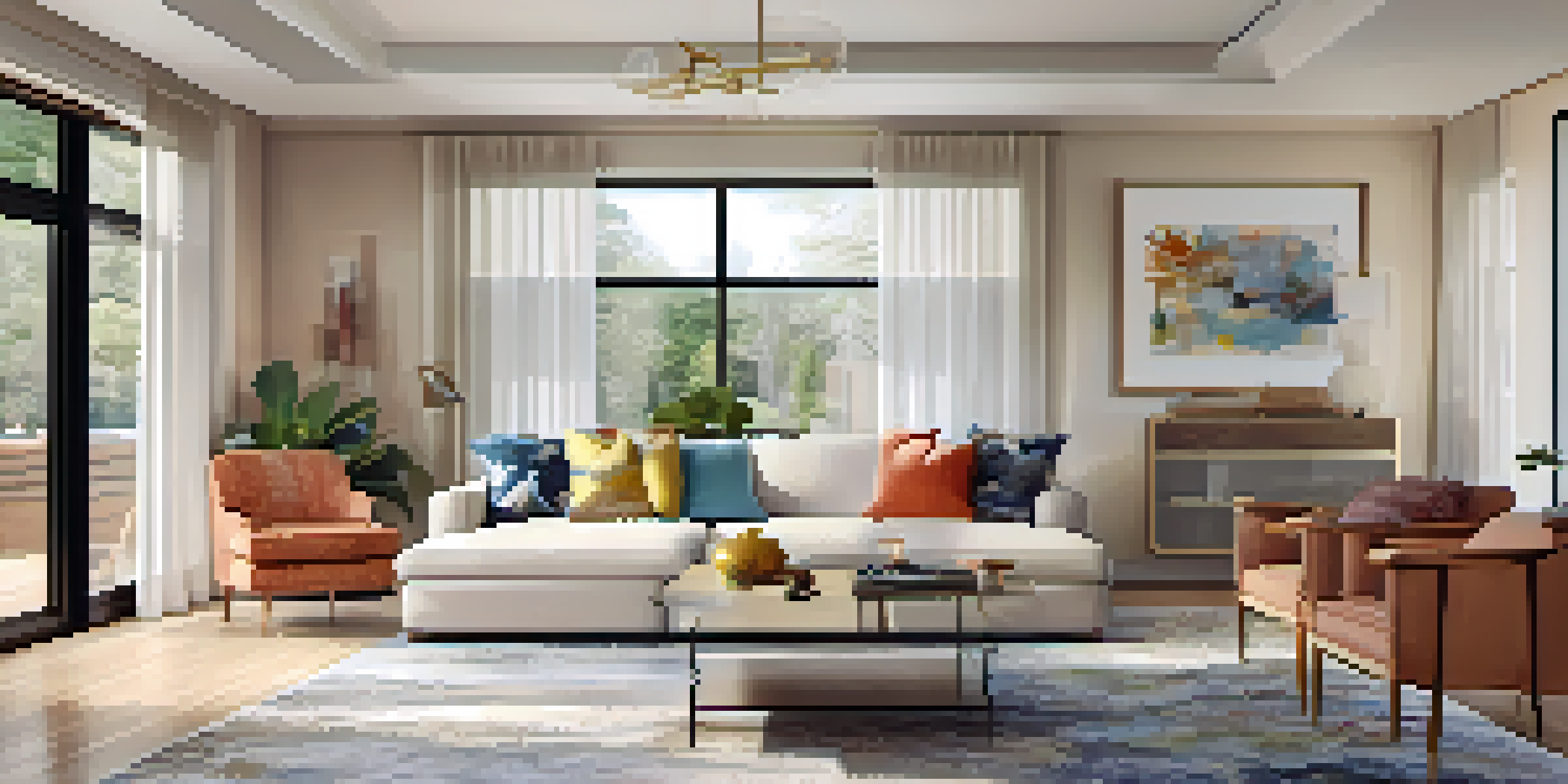 A bright open concept living room with a large abstract painting, modern furniture, and warm lighting.