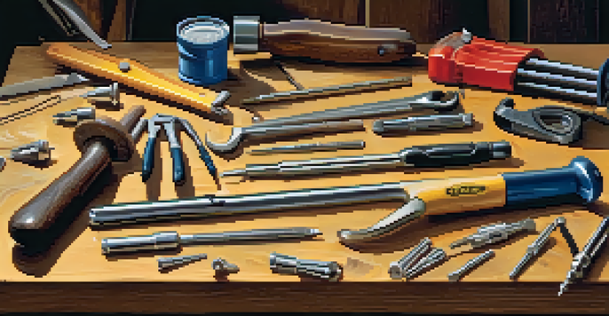 A collection of quality hand tools on a wooden workbench, including a hammer, screwdrivers, and pliers, illuminated by natural light.