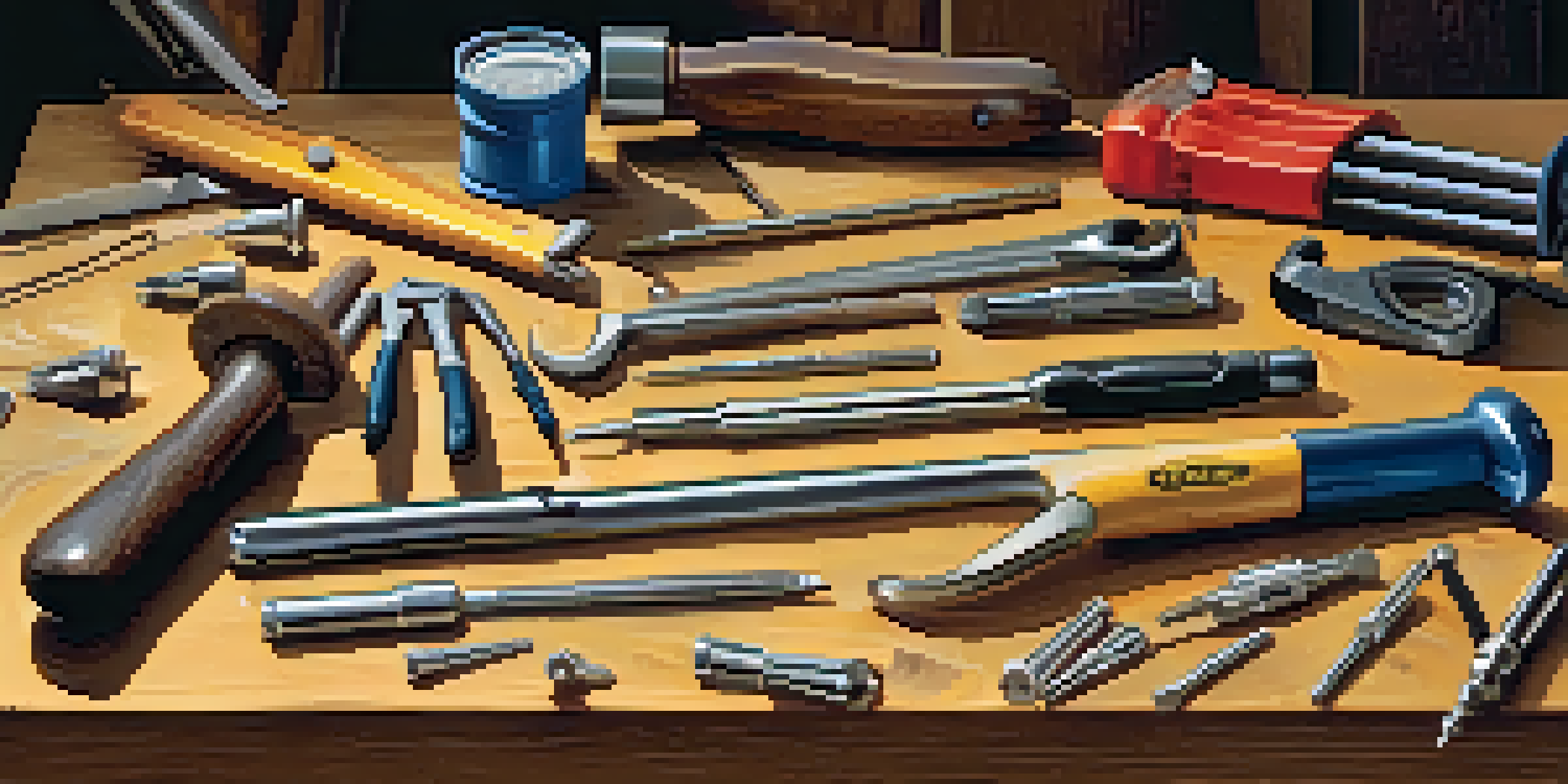 A collection of quality hand tools on a wooden workbench, including a hammer, screwdrivers, and pliers, illuminated by natural light.