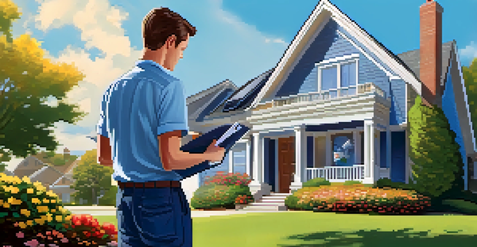 A home inspector checking the roof of a house while taking notes, surrounded by a vibrant garden and clear skies.