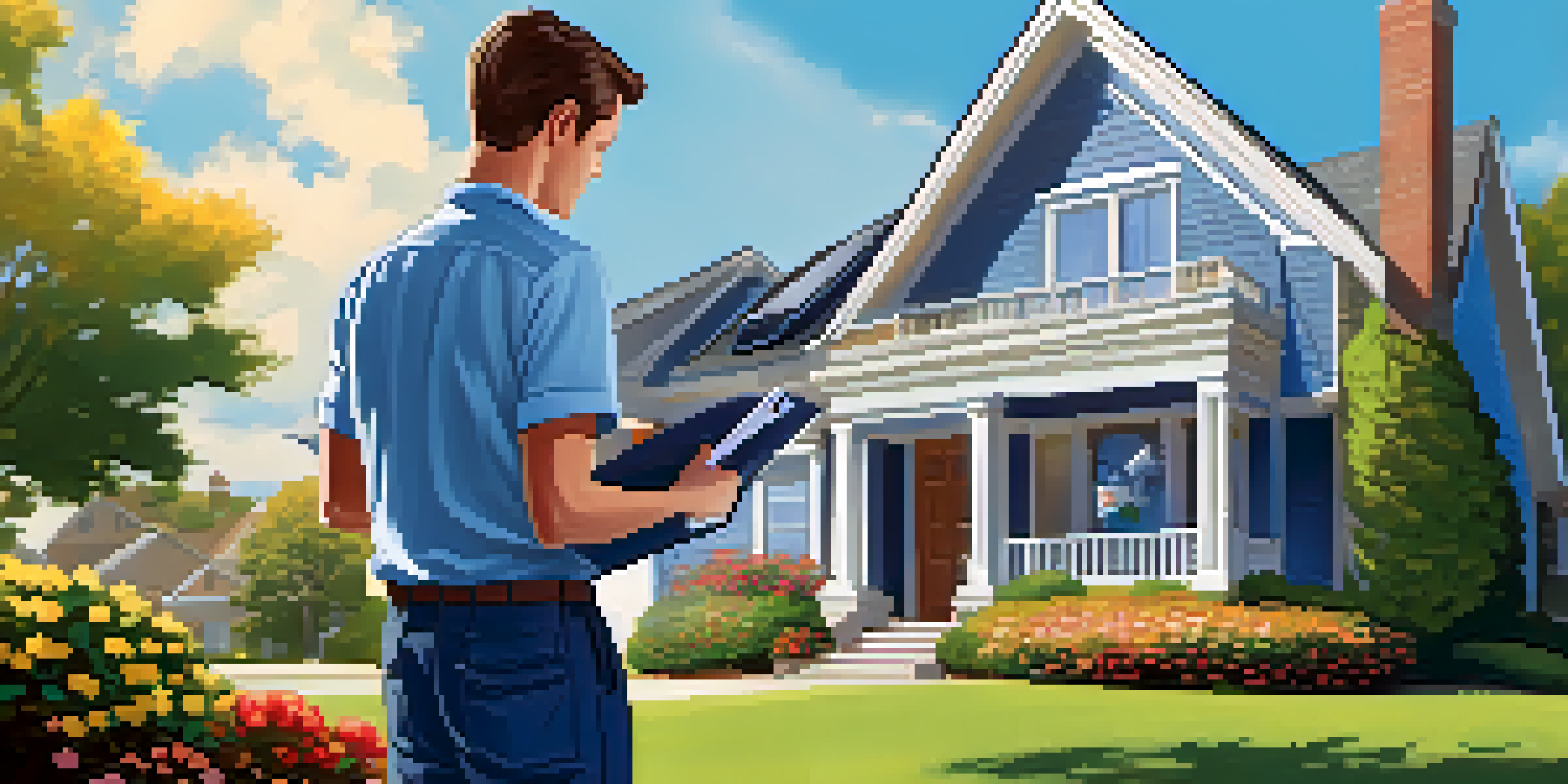 A home inspector checking the roof of a house while taking notes, surrounded by a vibrant garden and clear skies.