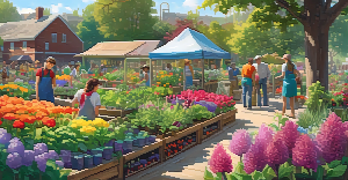 A community garden with volunteers working among flowers and vegetables under warm sunlight.