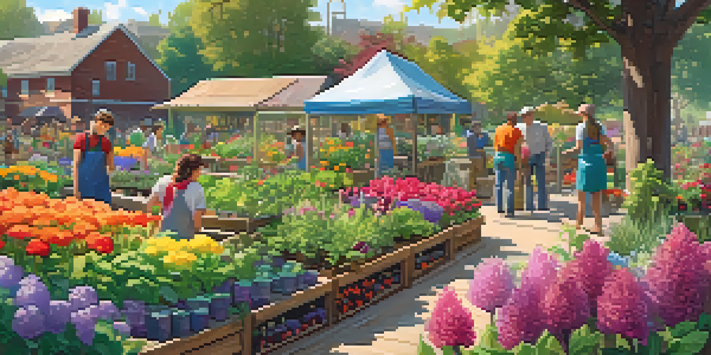 A community garden with volunteers working among flowers and vegetables under warm sunlight.