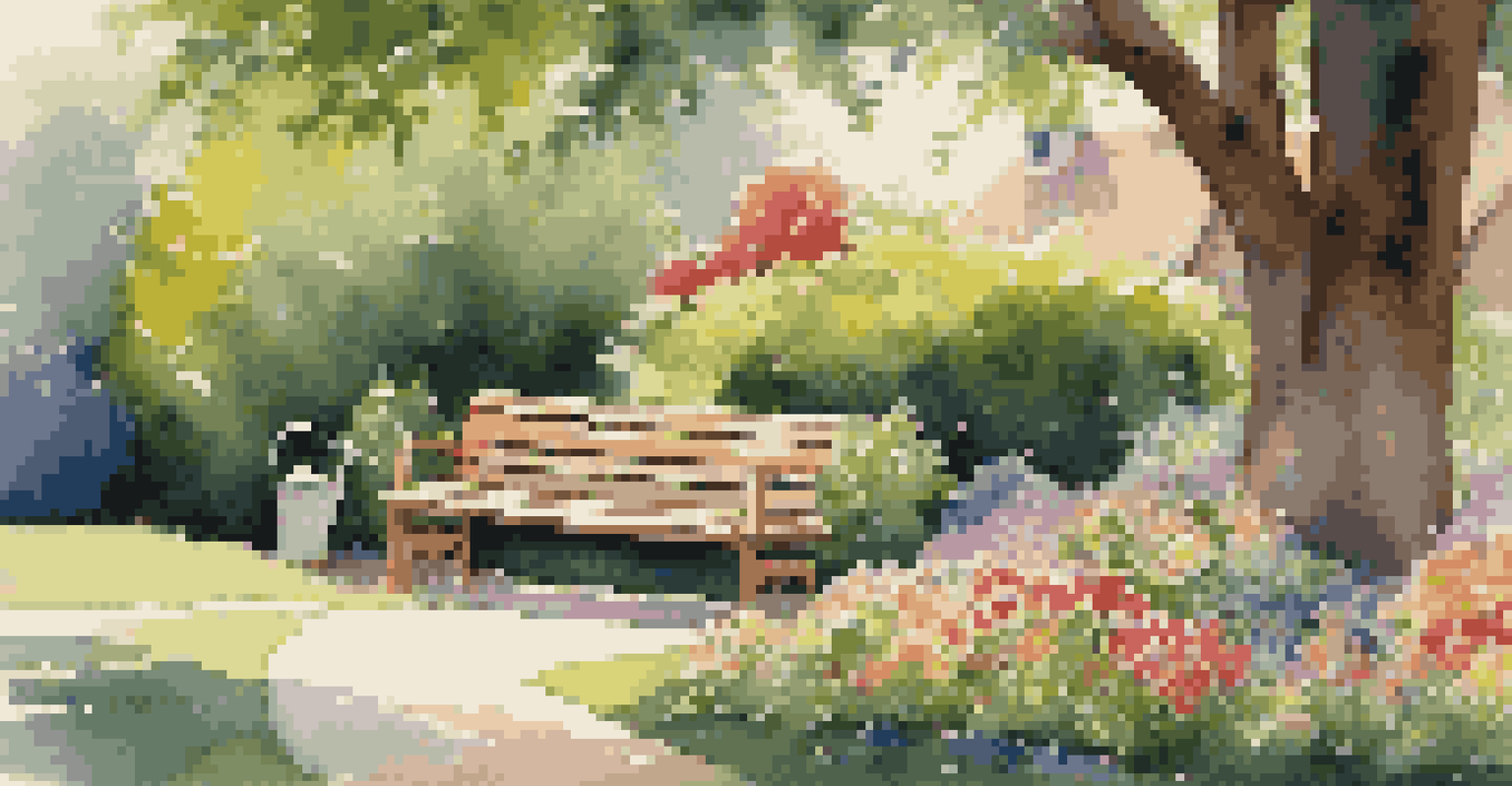 A colorful summer garden with blooming flowers, a wooden bench, and sunlight filtering through tree leaves.