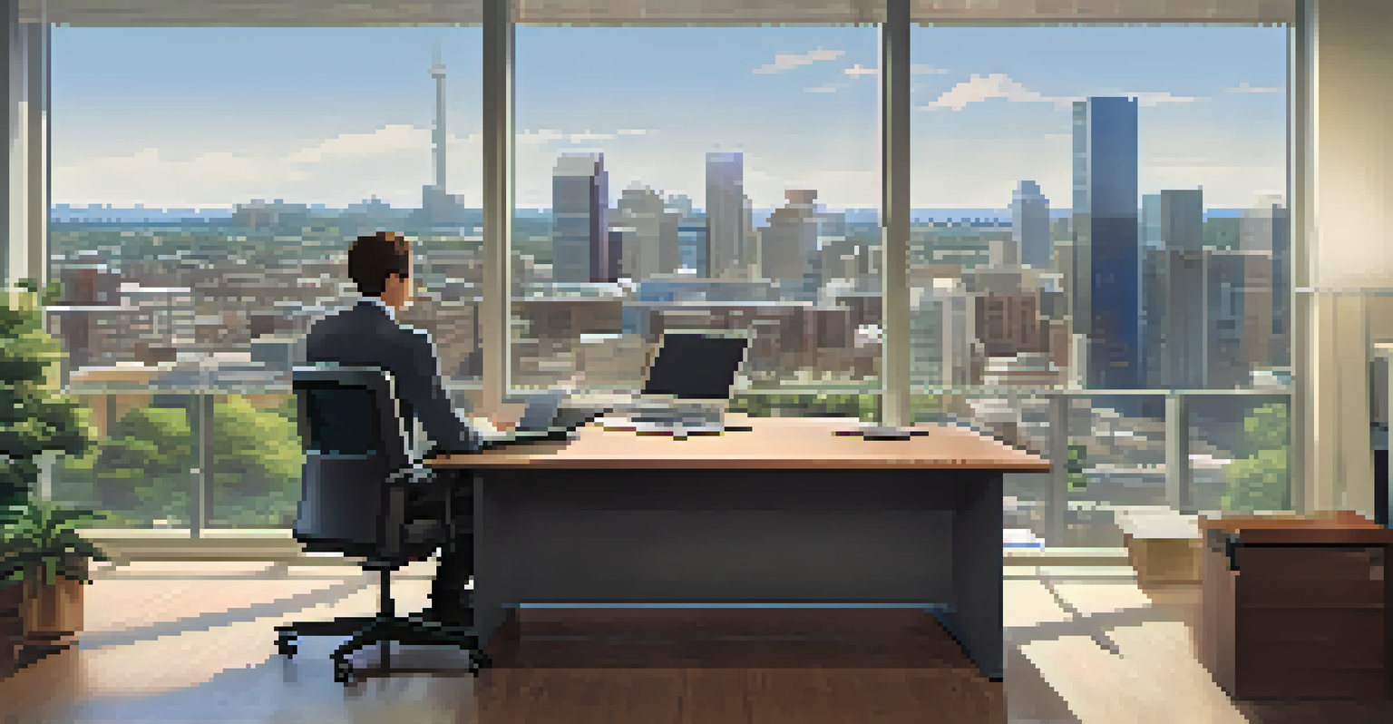 A local government tax assessor working on a laptop in an office with a city skyline view and a neighborhood model.