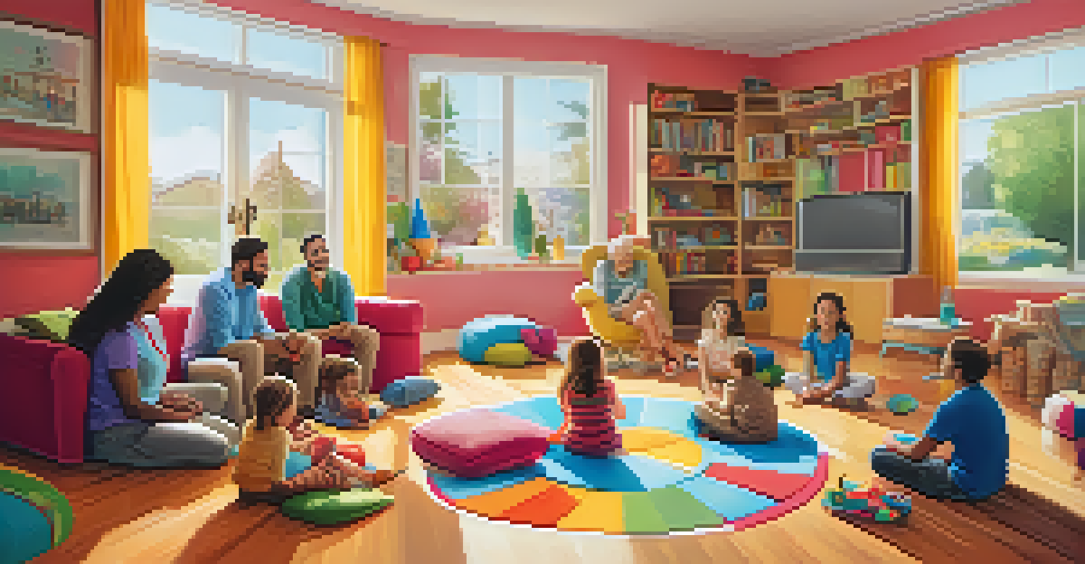 A family sitting in a circle on the living room floor, discussing ideas with colorful cushions and a whiteboard in the background.