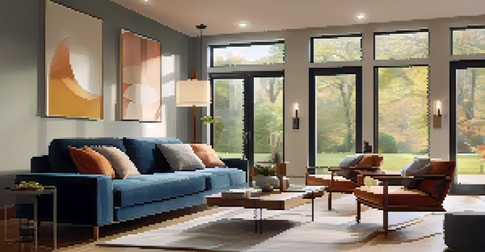 A modern living room filled with smart home devices, showcasing a cozy ambiance and natural light coming through large windows.