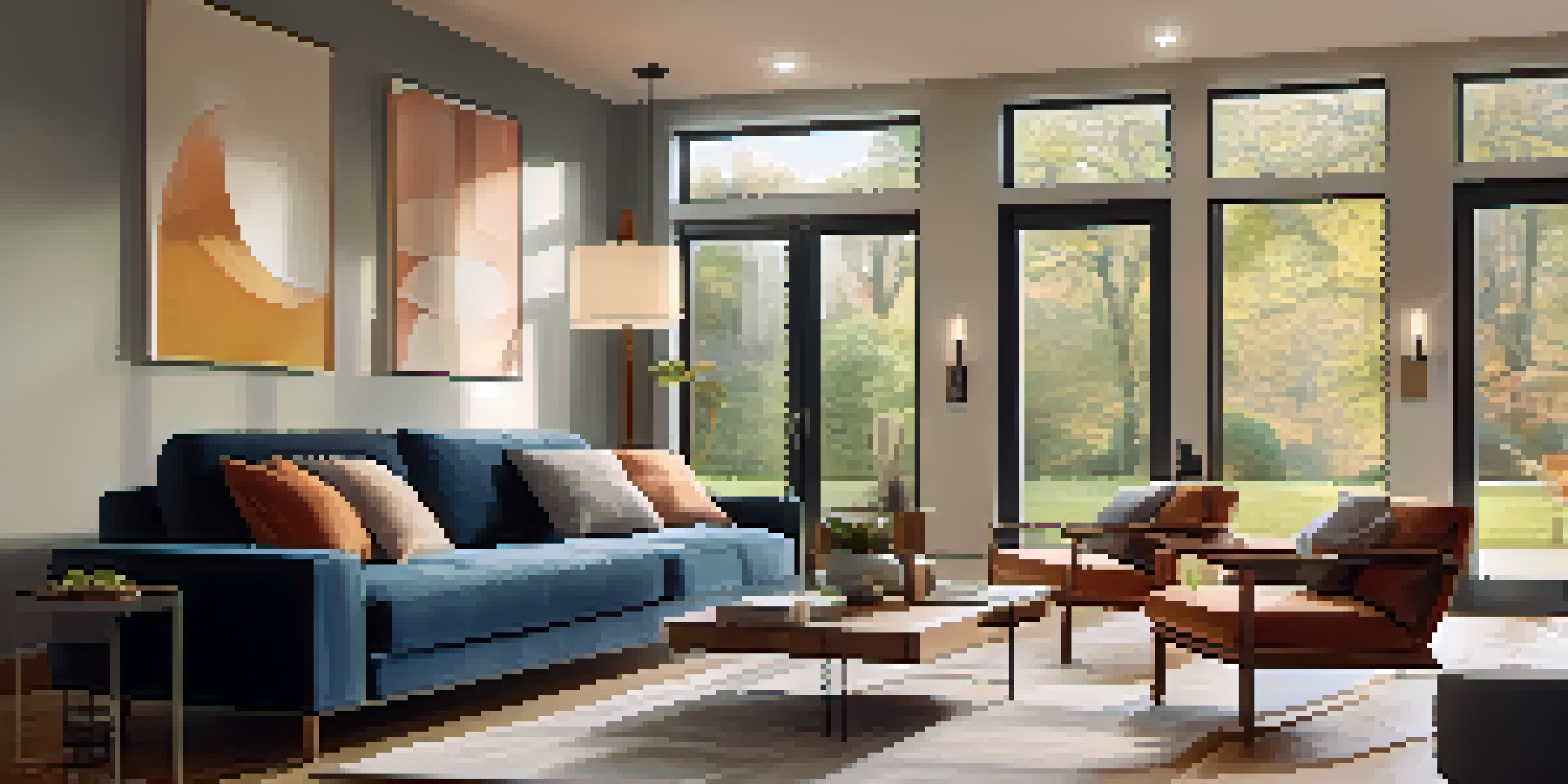 A modern living room filled with smart home devices, showcasing a cozy ambiance and natural light coming through large windows.